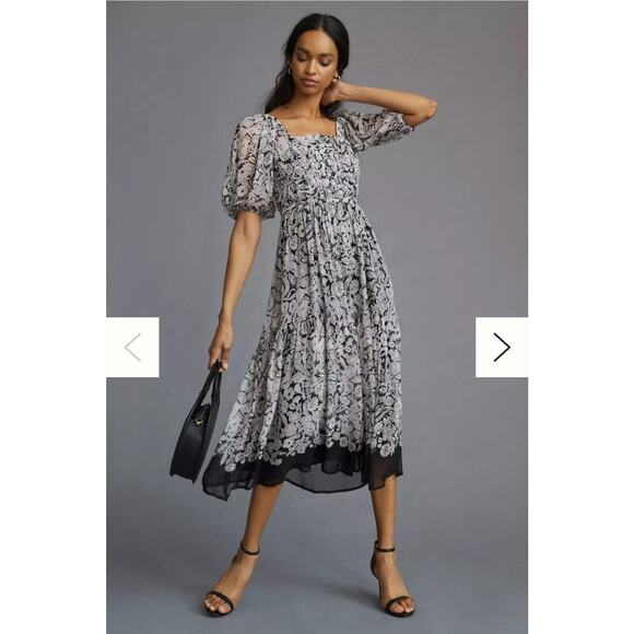 Anthropologie Dresses & Skirts - Anthropologie Squareneck Puff Sleeves Smocked Floral Midi Dress Size L euc